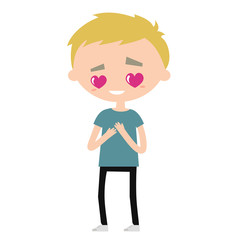 Falling in love. Cute cartoon blond boy with heart-shaped eyes, flat editable clip art vector illustration