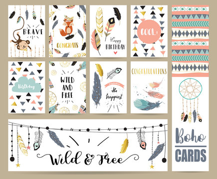 Card template collection for banners,Flyers,Placards with feather,fox,monkey and arrow in boho style