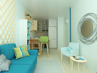 Cozy small studio flat, modern kitchen, blue sofa, bright details, 3d illustration 