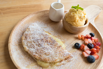 closeup fresh homemade dessert soft vanila roti with cool ice cream