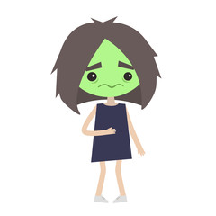 Sick girl with green face vector cartoon illustration