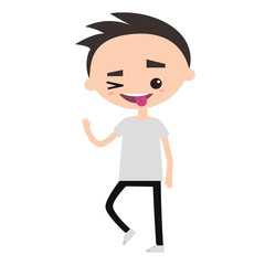 Winking boy emotional cartoon character / editable vector illustration