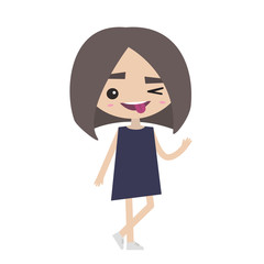 Winking girl emotional cartoon character / flat editable vector illustration, clip art