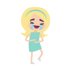 Cute blonde girl is loudly laughing to tears / Editable vector illustration