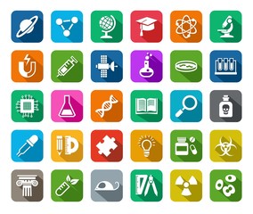 Science, icons, colored, flat, vector. White icons on a colored background with a shadow. Different types of scientific activities. 