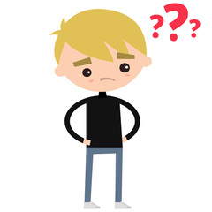Concerned boy wearing black turtleneck // Editable flat vector illustration
