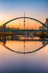 tokyo skytree and colorful bridge in refection in sumida river,Tokyo , Japan