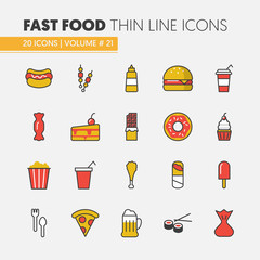 Fast Food Linear Thin Line Vector Icons Set with Burger Pizza and Junk Food