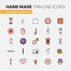 Hand Made Sewing Crafting Linear Thin Line Vector Icons Set with Tools and Accessories