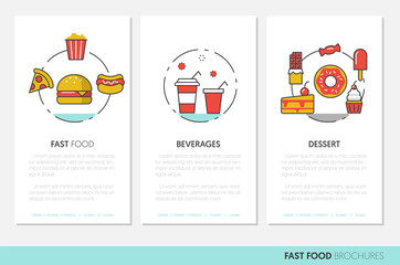 Fast Food Business Brochures. Linear Thin Line Vector Icons Burger Pizza and Junk Food