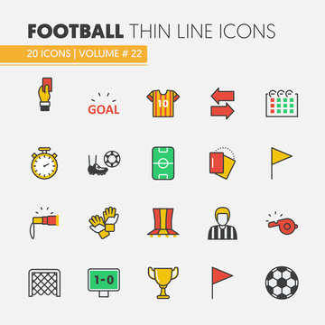 Football Soccer Linear Thin Line Vector Icons Set with Ball and Sport Elements