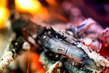 Ignite the fire. Warming up the cold winter nights. A macro shot of firewood, white dust and hot,...