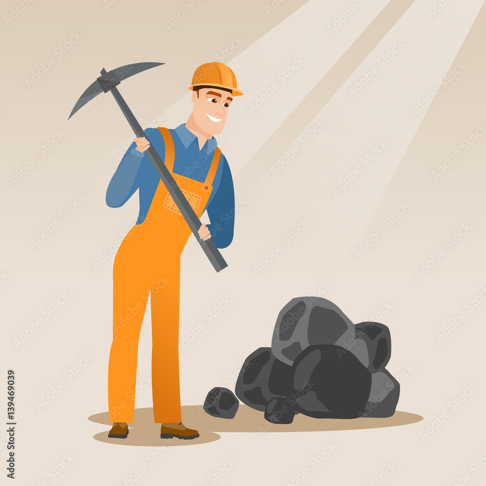 Poster miner working with pickaxe vector illustration.