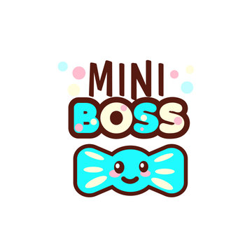 The vector illustration of blue ribbon and the mini boss text with stylish kawaii emoji. Vector style boys gift emoticons for print on t-shirt, one piece body gift for kids.