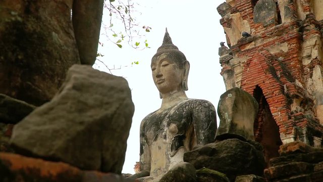  Buddha statue at Wat Maha That or the Monastery of the Great Relic located on the city island in the central part of Ayutthaya. Slider stock footage.
