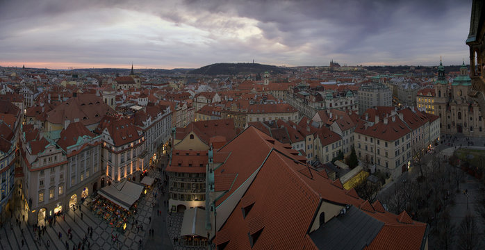 Prague panoramic view during sunset. Beautiful red roofs in capitol of Czechia Prague, Europe.