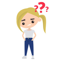 Cute girl with pony tail is asking a question/ Flat vector editable illustration