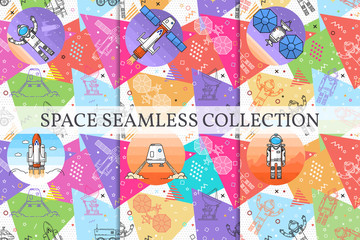 Set of space memphis seamless patterns.