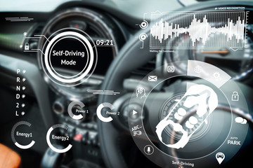 Smart car (HUD) concept. Empty cockpit in vehicle and Self-Driving mode car graphic screen .