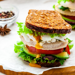 Fresh homemade sandwich with cereals dark rye grain bread, salad lettuce, avocado, tomato, grilled chicken breast, curd cheese, poached egg and greengrocery on paper. Healthy lifestyle breakfast.