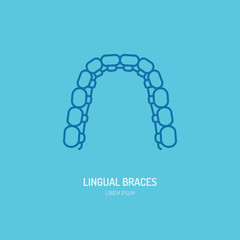Dentist, orthodontics line icon of lingual braces, teeth alignment. Dental care equipment sign, medical elements. Health care thin linear symbol for dentistry clinic.