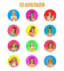 Collection d& 39 avatars féminins vectoriels pop art pour compte dans les réseaux sociaux