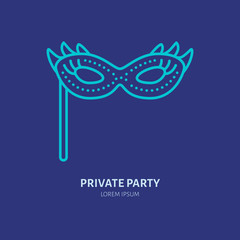 Carnival face mask line icon. Vector logo for private party service or event agency. Linear illustration of festival masquerade clothes.