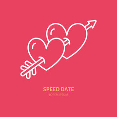 Two hearts pierced by arrow line icon. Vector logo for romantic evening organization agency. Linear illustration for speed date event.