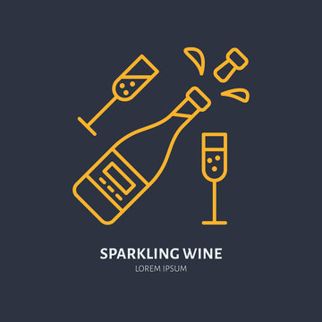 Sparkling wine in bottle and two wineglasses line icon. Vector logo for celebration event. Linear illustration for alcohol store.
