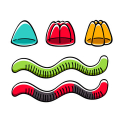 Jelly candies and worms vector illustration.