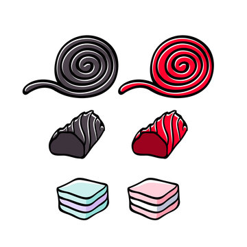Licorice and marshmallow candies set vector illustration.
