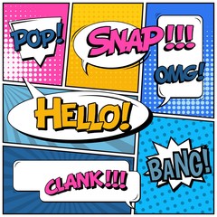 Abstract creative concept vector comic pop art style blank, layout template with clouds beams and isolated dots background. For sale banner, empty speech bubble set, illustration halftone book design.