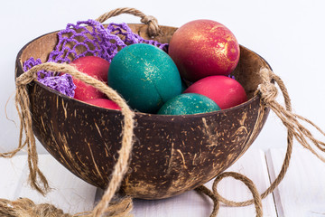 Easter, color painted eggs on white boards