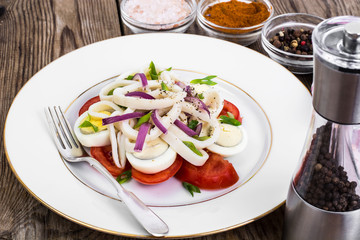 Salad with squid, egg and tomato on white plate on background of