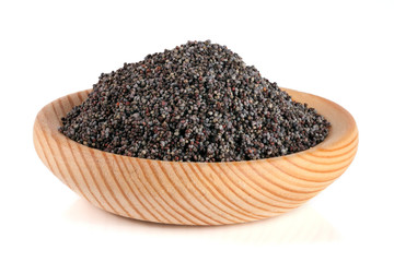 poppy seeds in a wooden spoon isolated on white background