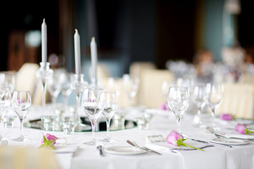 Beautiful table setting with crockery and flowers for a party, wedding reception or other festive event