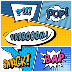 Fototapeta premium Abstract creative concept vector comic pop art style blank, layout template with clouds beams and isolated dots background. For sale banner, empty speech bubble set, illustration halftone book design.