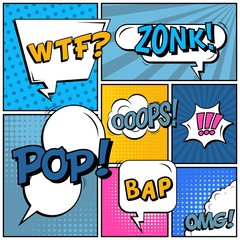 Fototapeta premium Abstract creative concept vector comic pop art style blank, layout template with clouds beams and isolated dots background. For sale banner, empty speech bubble set, illustration halftone book design.