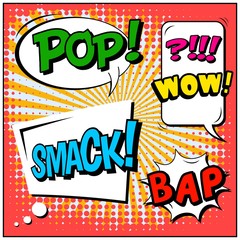 Fototapeta premium Abstract creative concept vector comic pop art style blank, layout template with clouds beams and isolated dots background. For sale banner, empty speech bubble set, illustration halftone book design.