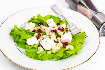 Lettuce, celery, feta, pomegranate seeds on a white