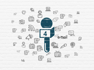 News concept: Microphone on wall background