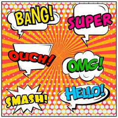 Abstract creative concept vector comic pop art style blank, layout template with clouds beams and isolated dots background. For sale banner, empty speech bubble set, illustration halftone book design.