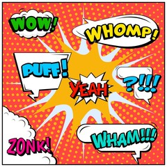 Fototapeta premium Abstract creative concept vector comic pop art style blank, layout template with clouds beams and isolated dots background. For sale banner, empty speech bubble set, illustration halftone book design.