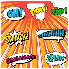 Fototapeta premium Abstract creative concept vector comic pop art style blank, layout template with clouds beams and isolated dots background. For sale banner, empty speech bubble set, illustration halftone book design.