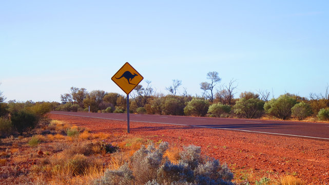 Kangaroo road sign on the Stuart Highway somewhere in the Outback center of Australia
