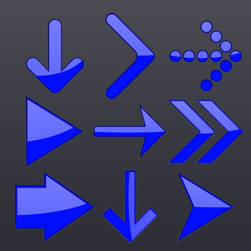 Blue arrows set. Up, down and right direction
