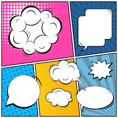 Abstract creative concept vector comic pop art style blank, layout template with clouds beams and isolated dots background. For sale banner, empty speech bubble set, illustration halftone book design.