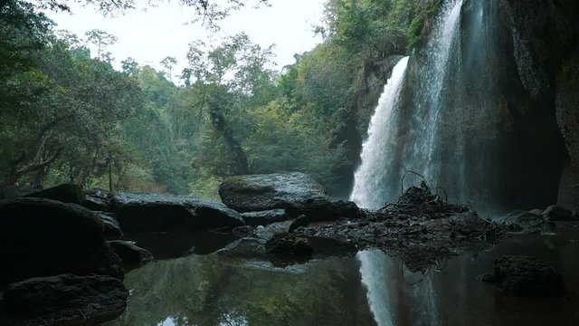 Slow motion video of reflection of the Haew Suwat Waterfall. Famous 20 meter waterfall from Leonardo DiCaprio's The Beach

