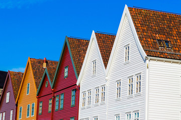 Bryggen district - Tourist attraction and Unesco World Heritage site with old wooden buildings. Bergen, Norway.
