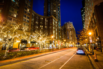 President's Street at night, in Harbor East, Baltimore, Maryland.